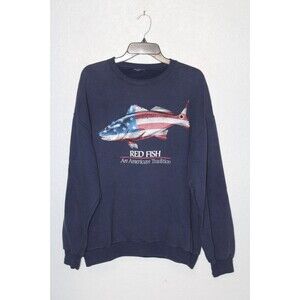Vintage Jerzees 90s Red Fish Fishing USA Flag Blue Sweatshirt XL Heavy Pullover